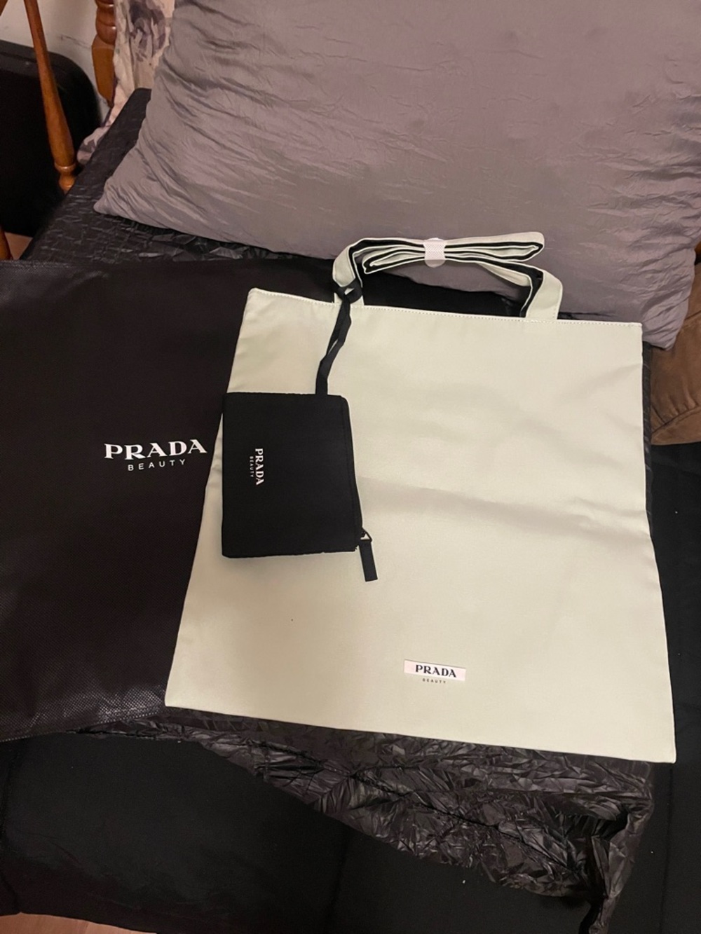 Prada green and Black Striped-Handle Tote with Pouch, reversible